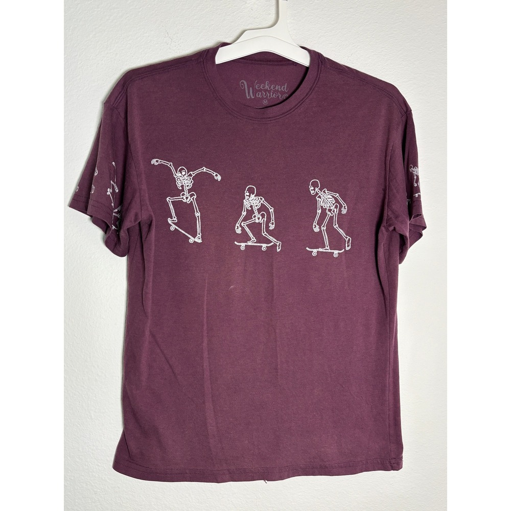 Weekend Warriors Mens Skeleton Skateboard Graphic T-Shirt Plum Burgundy Medium